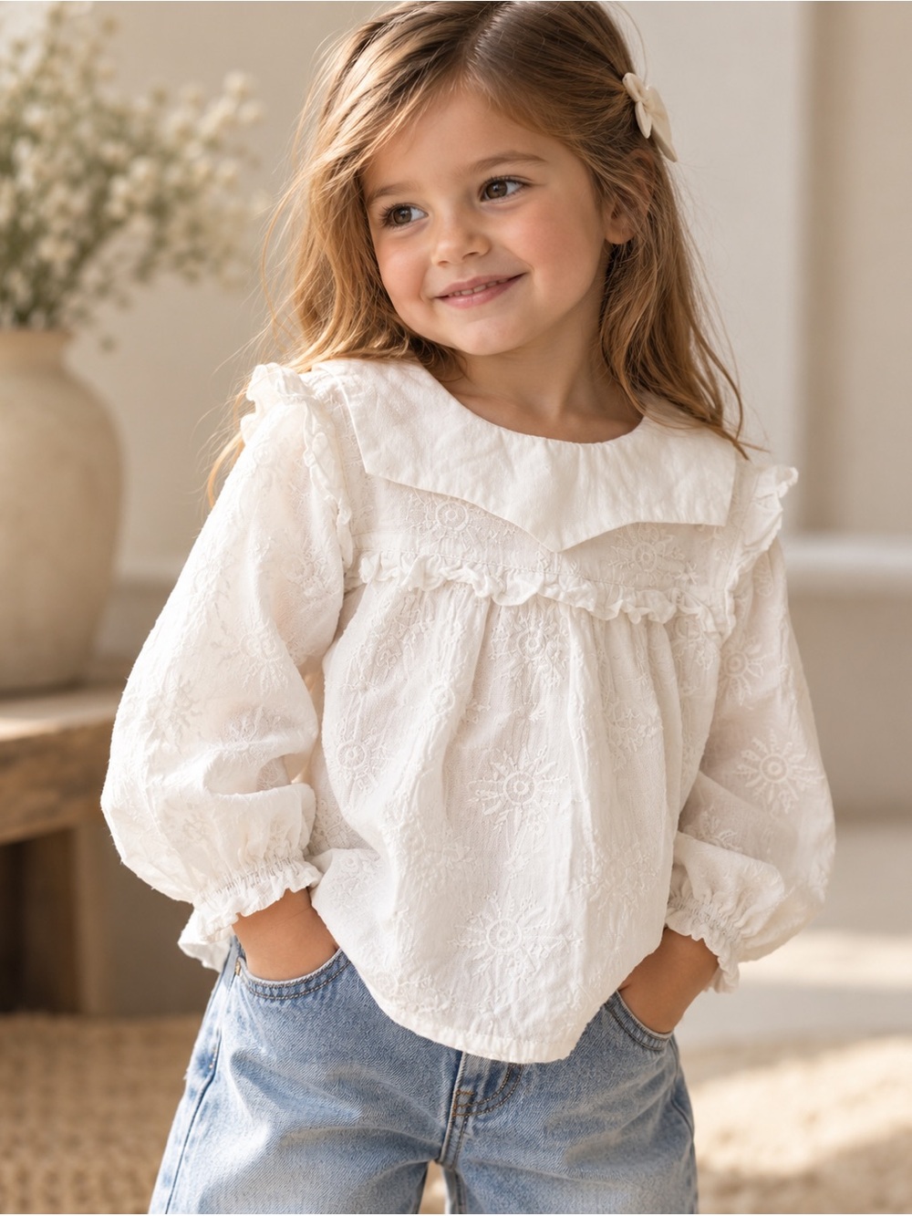 Simply.ava White Embroidered Ruffle Collar Cotton Blouse | Cottagecore | 3-4T